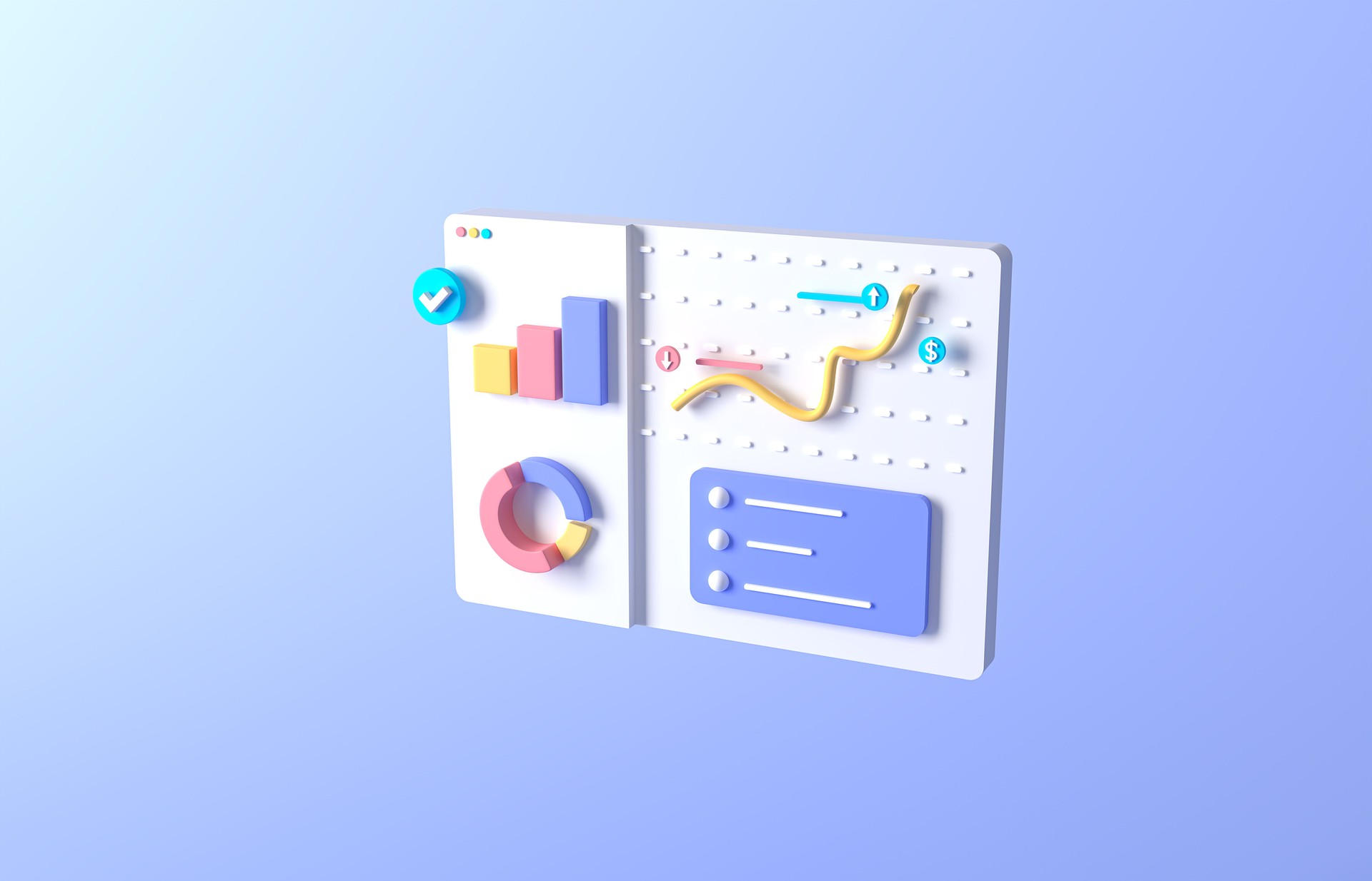 Data analytics, dashboard and business finance report. investment or website SEO screen PC Web. Online marketing, financial report chart, data analysis and web development concept. 3d rendering